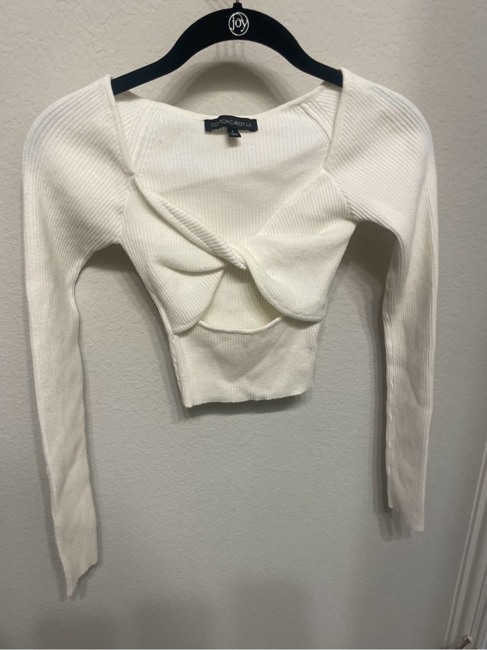 Cotton Candy White Ribbed Twist-Front Scoop Neck Sweater